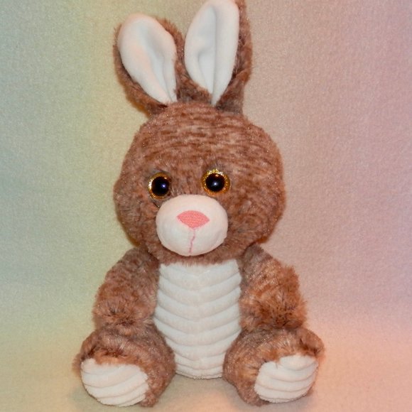BROWN AND WHITE PLUSH BUNNY * BIG SPARKLE EYES * PINK NOSE * 10  IN TALL * CUTE - Picture 1 of 5